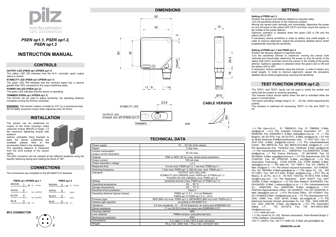 Instruction manual, Controls, Installation | Connections, Dimensions, Technical data, Setting, Test function (psen op1.2), Cable version | Pilz PSEN op1.2 Emitter M12 User Manual | Page 2 / 3