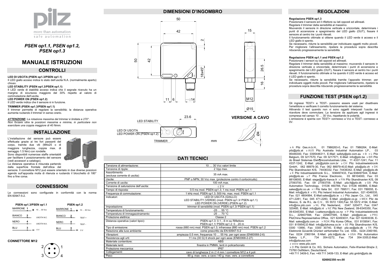 Manuale istruzioni, Controlli, Installazione | Connessioni, Dimensioni d’ingombro, Dati tecnici, Regolazioni, Funzione test (psen op1.2) | Pilz PSEN op1.2 Emitter M12 User Manual | Page 3 / 3