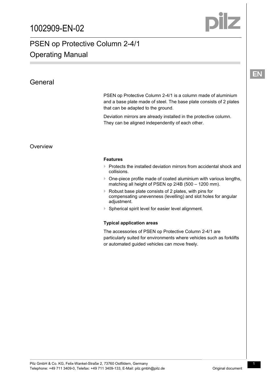 Pilz PSEN op Protective Column 4-090/1 User Manual | 11 pages
