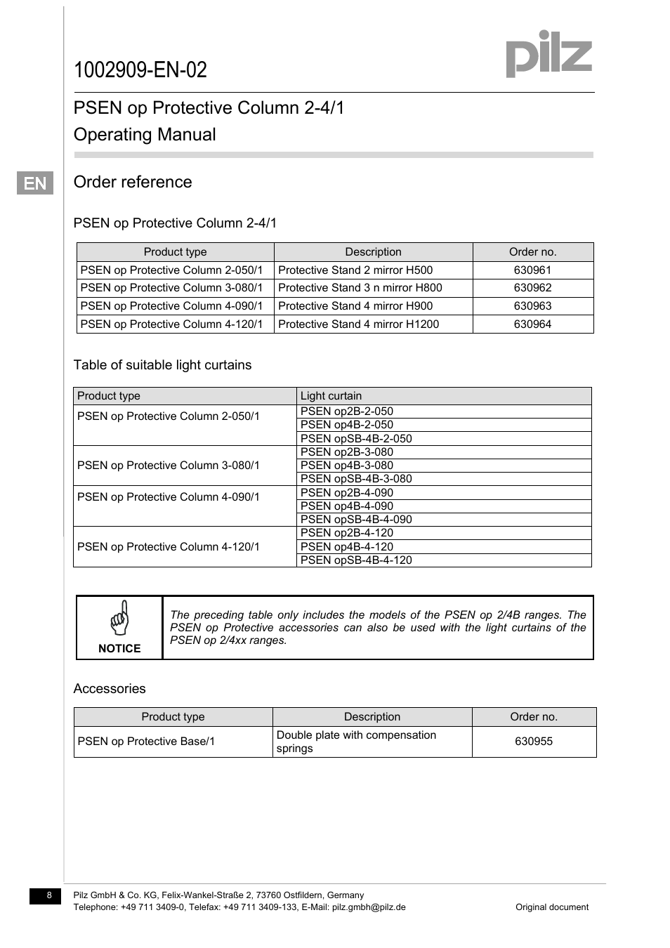 Psen op protective column 2-4/1 operating manual, Order reference | Pilz PSEN op Protective Column 4-090/1 User Manual | Page 8 / 11