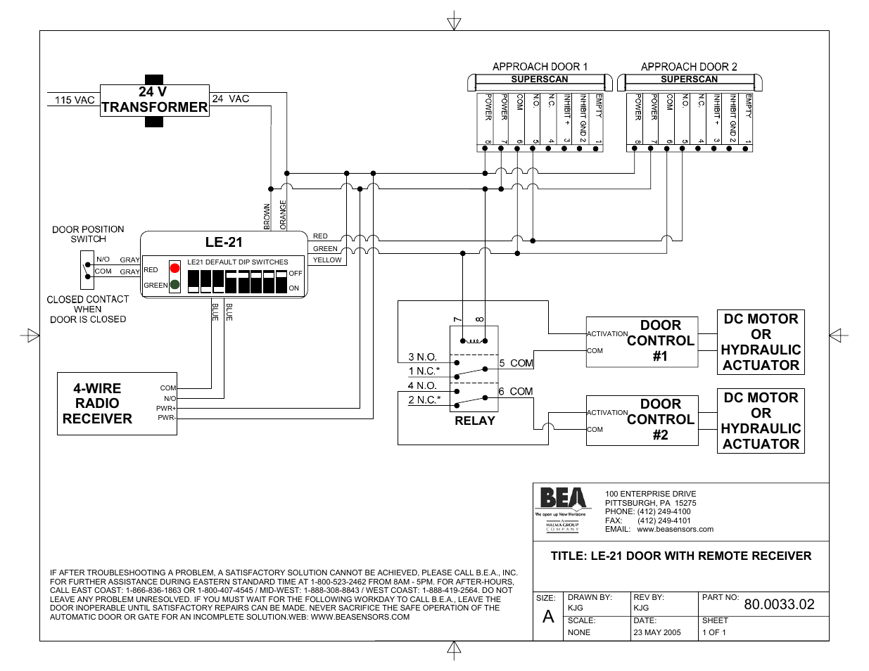 0033.02_081905_le-21 door with remote receiver, Wire radio receiver, Door control #1 dc motor or hydraulic actuator | Door control #2 dc motor or hydraulic actuator, 24 v transformer | BEA BODYGUARD LE-21 User Manual | Page 4 / 5