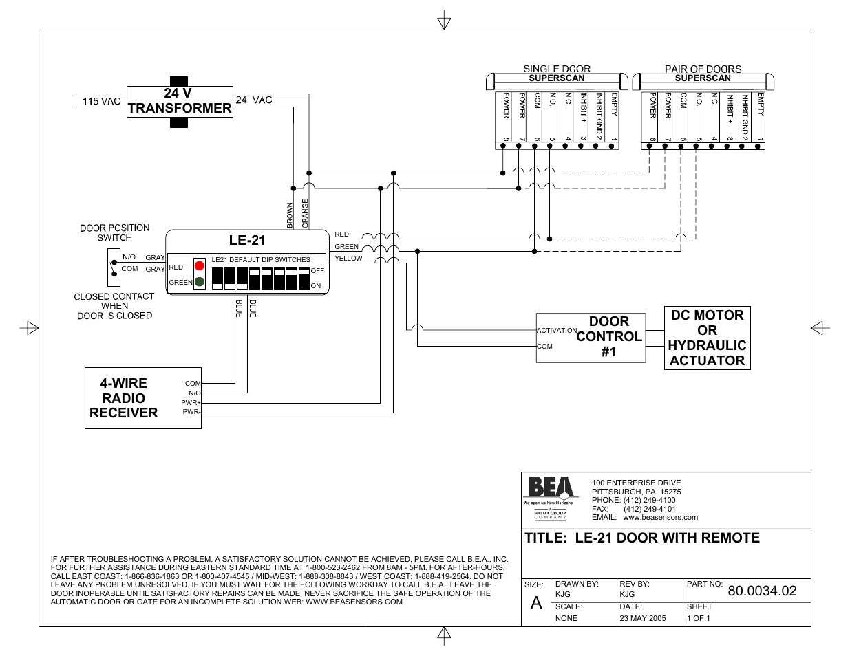 0034.02_081905_le-21 door with remote, Title: le-21 door with remote, 24 v transformer 4-wire radio receiver | Door control #1 dc motor or hydraulic actuator | BEA BODYGUARD LE-21 User Manual | Page 5 / 5