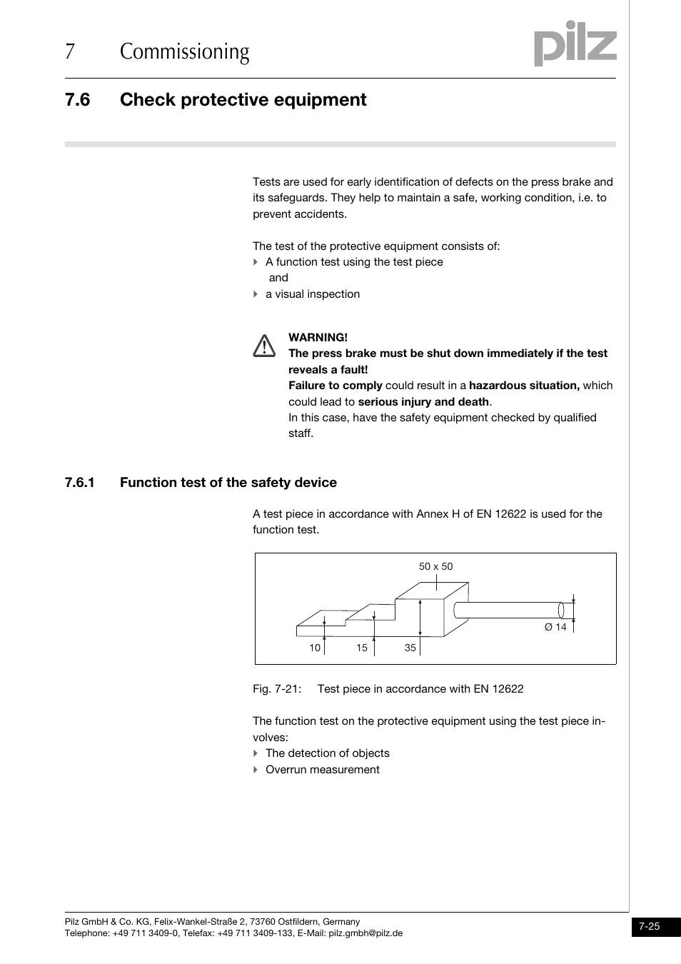 Check protective equipment, Function test of the safety device, 7commissioning | 6 check protective equipment, 1 function test of the safety device | Pilz PSENvip RL D P User Manual | Page 109 / 157