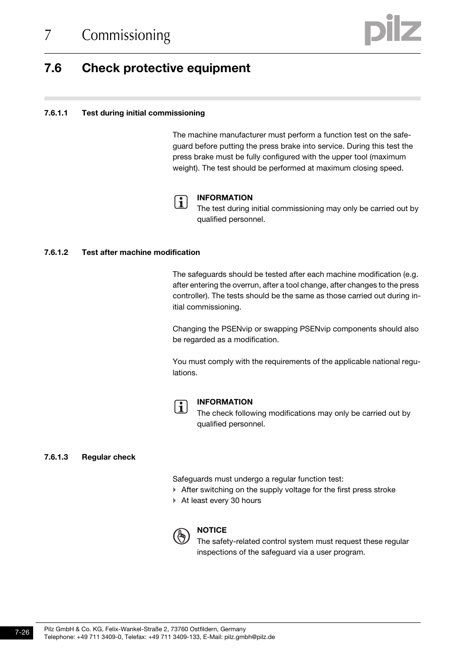 Test during initial commissioning, Test after machine modification, Regular check | 7commissioning, 6 check protective equipment | Pilz PSENvip RL D P User Manual | Page 110 / 157