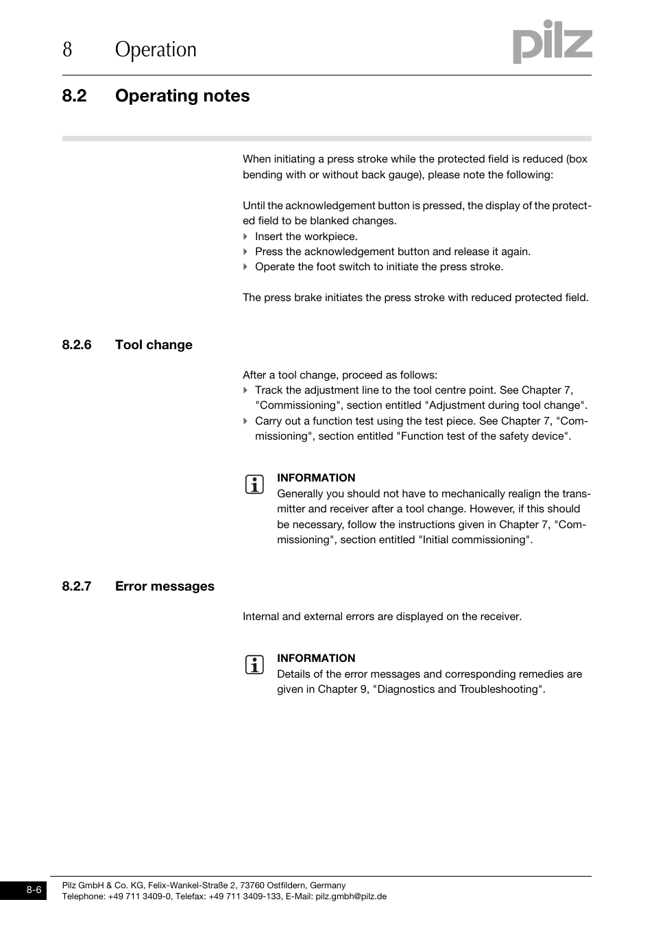 Tool change, Error messages, 8operation | 6 tool change, 7 error messages | Pilz PSENvip RL D P User Manual | Page 120 / 157