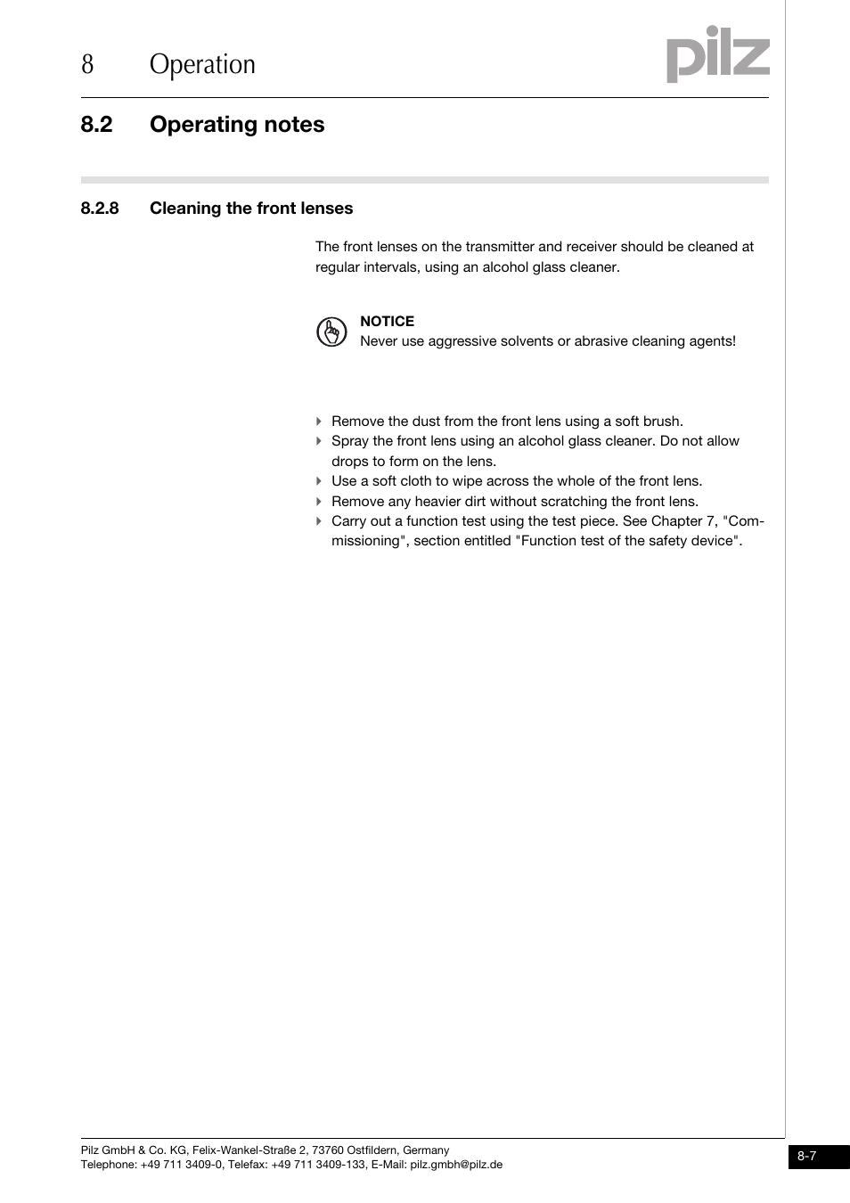 Cleaning the front lenses, 8operation | Pilz PSENvip RL D P User Manual | Page 121 / 157