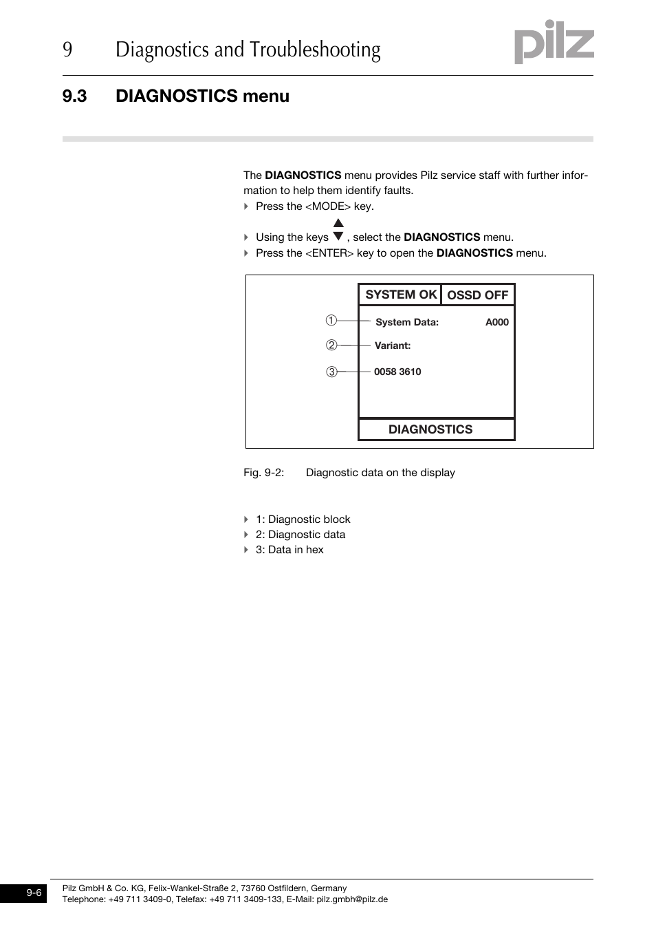 Diagnostics menu, 9diagnostics and troubleshooting, 3 diagnostics menu | Ав б | Pilz PSENvip RL D P User Manual | Page 128 / 157