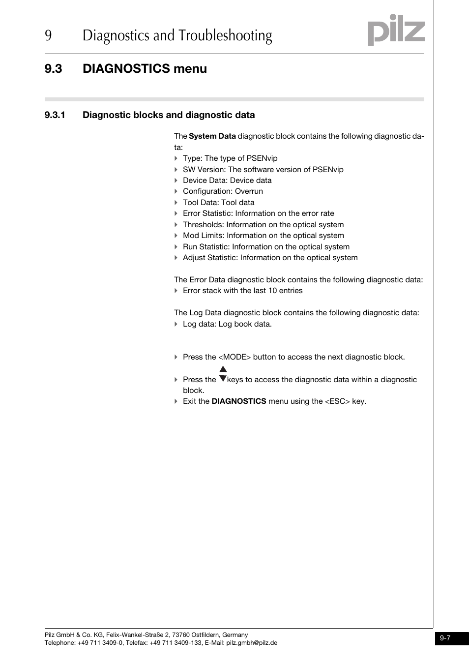 Diagnostic blocks and diagnostic data, 9diagnostics and troubleshooting, 3 diagnostics menu | 1 diagnostic blocks and diagnostic data | Pilz PSENvip RL D P User Manual | Page 129 / 157