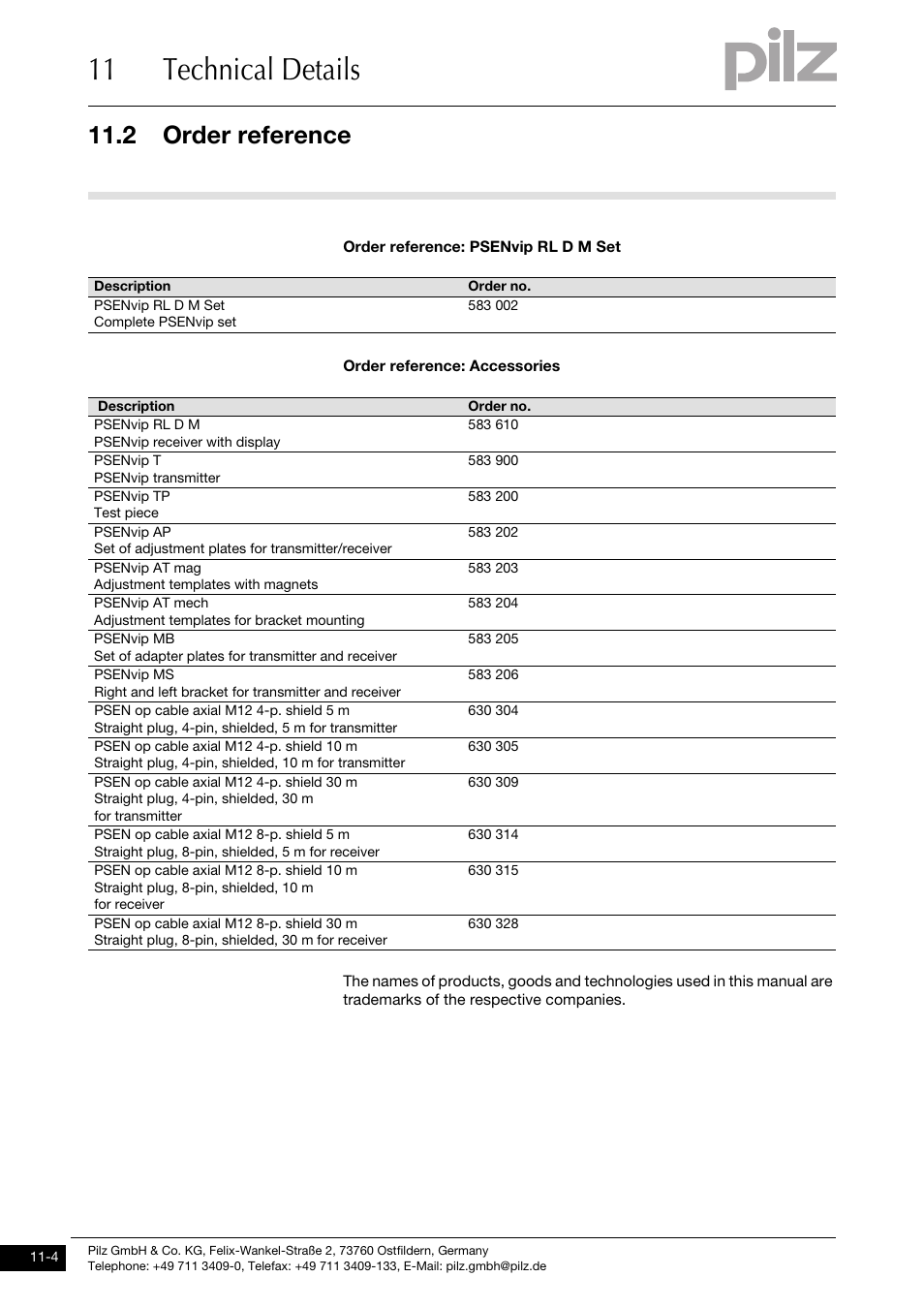 Order reference, 11 technical details, 2 order reference | Pilz PSENvip RL D P User Manual | Page 152 / 157