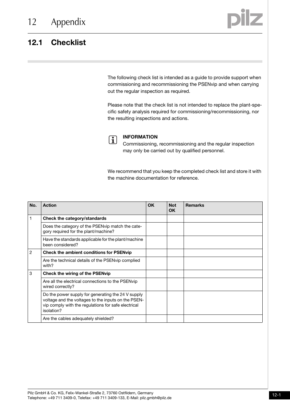 Appendix, Checklist, 12 appendix | 1 checklist | Pilz PSENvip RL D P User Manual | Page 153 / 157
