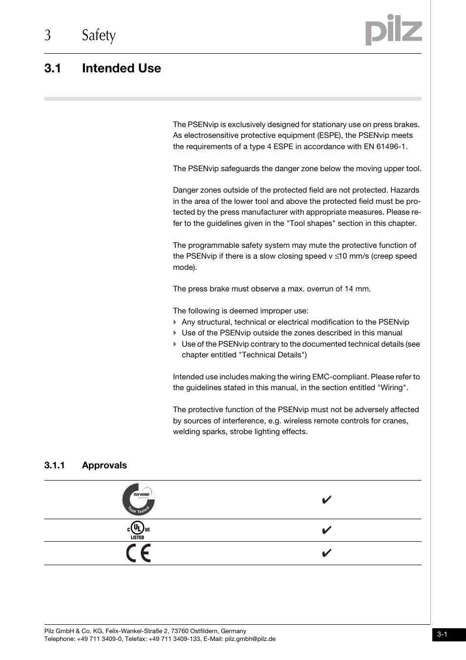 Safety, Intended use, Approvals | 3safety, 1 intended use, 1 approvals | Pilz PSENvip RL D P User Manual | Page 17 / 157