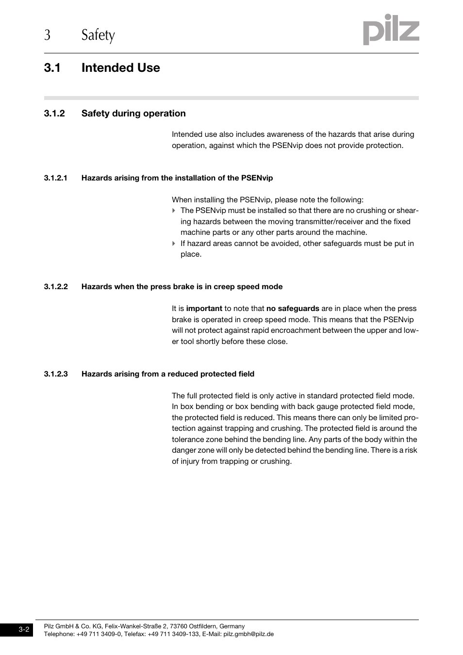 Safety during operation, Hazards arising from a reduced protected field, 3safety | 1 intended use, 2 safety during operation | Pilz PSENvip RL D P User Manual | Page 18 / 157