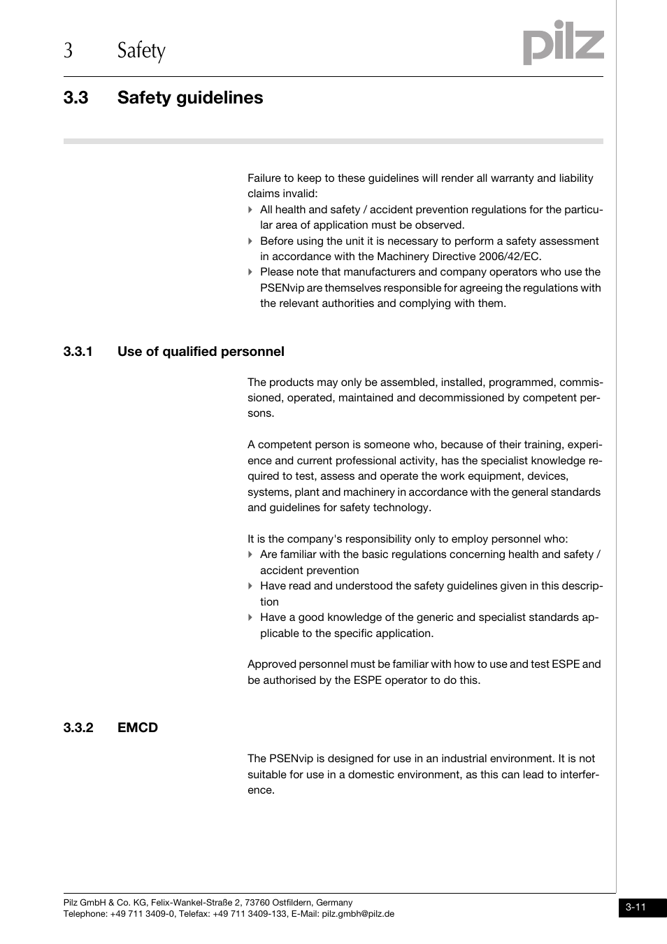 Safety guidelines, Use of qualified personnel, Emcd | 3safety, 3 safety guidelines, 1 use of qualified personnel, 2 emcd | Pilz PSENvip RL D P User Manual | Page 27 / 157
