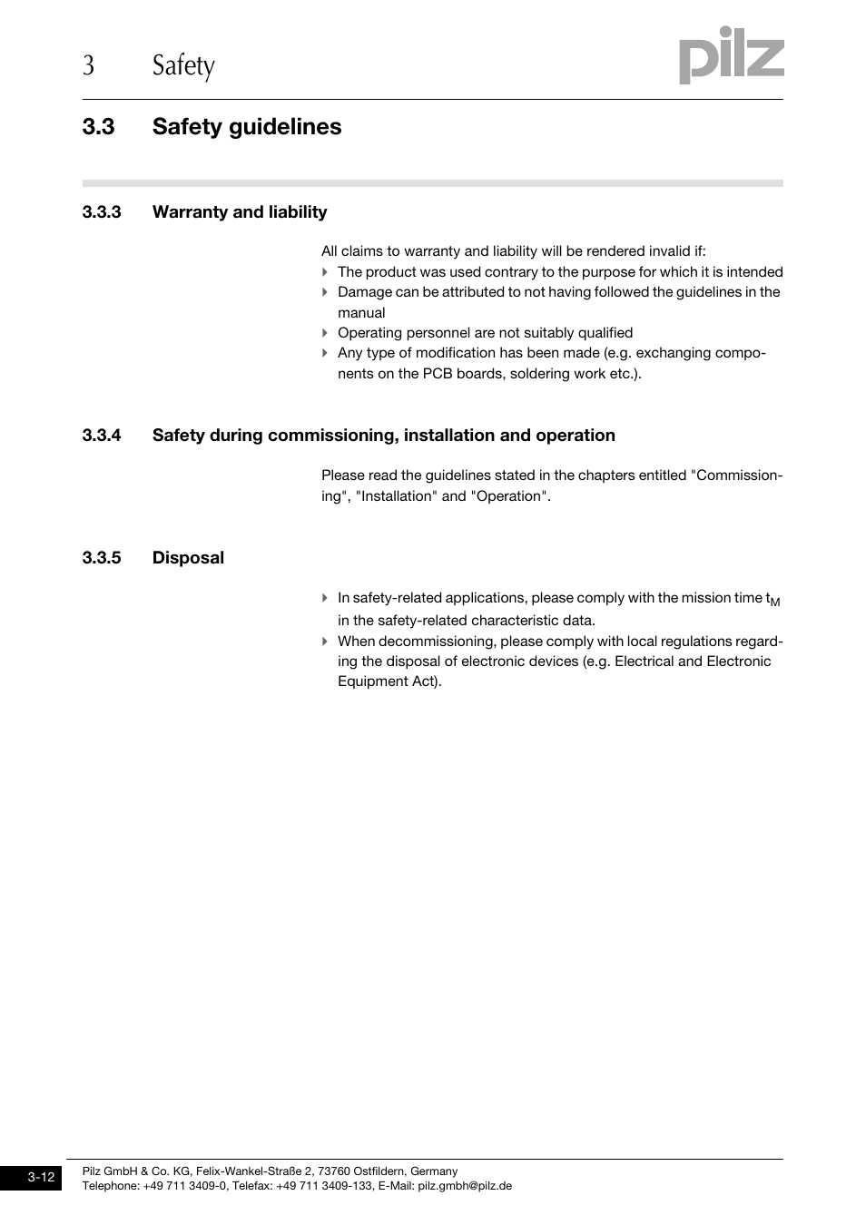 Warranty and liability, Disposal, 3safety | 3 safety guidelines, 3 warranty and liability, 5 disposal | Pilz PSENvip RL D P User Manual | Page 28 / 157