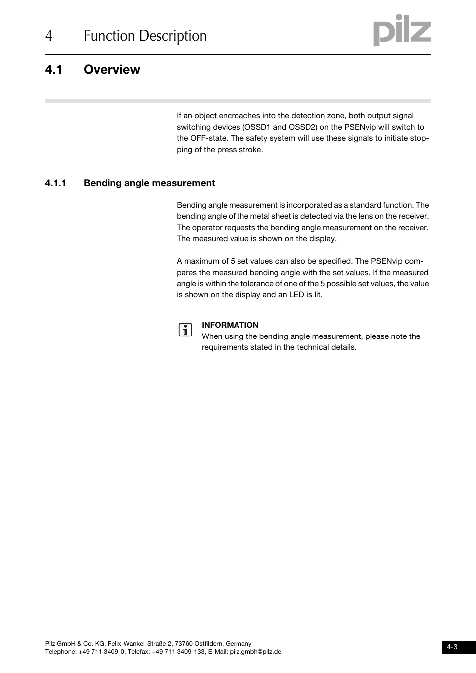 Bending angle measurement, 4function description, 1 overview | Pilz PSENvip RL D P User Manual | Page 31 / 157