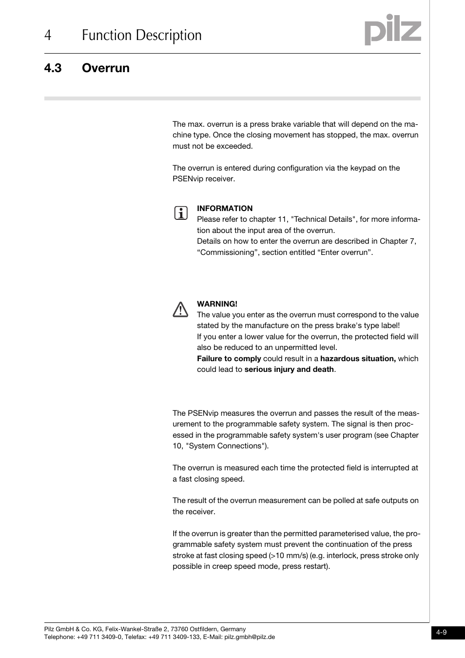 Overrun, 4function description, 3 overrun | Pilz PSENvip RL D P User Manual | Page 37 / 157