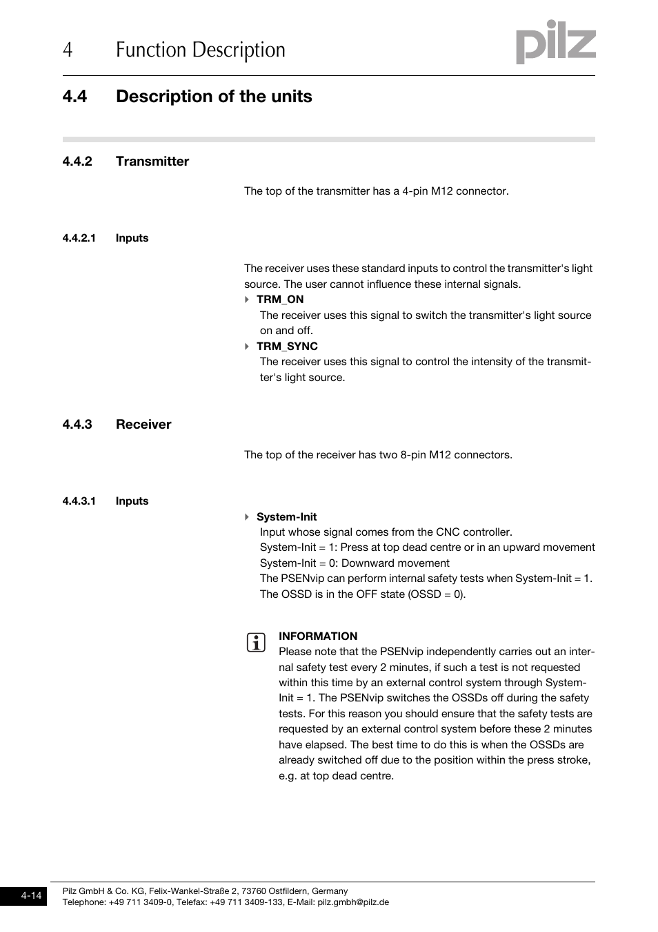 Transmitter, Inputs, Receiver | 4function description, 4 description of the units, 2 transmitter, 3 receiver | Pilz PSENvip RL D P User Manual | Page 42 / 157