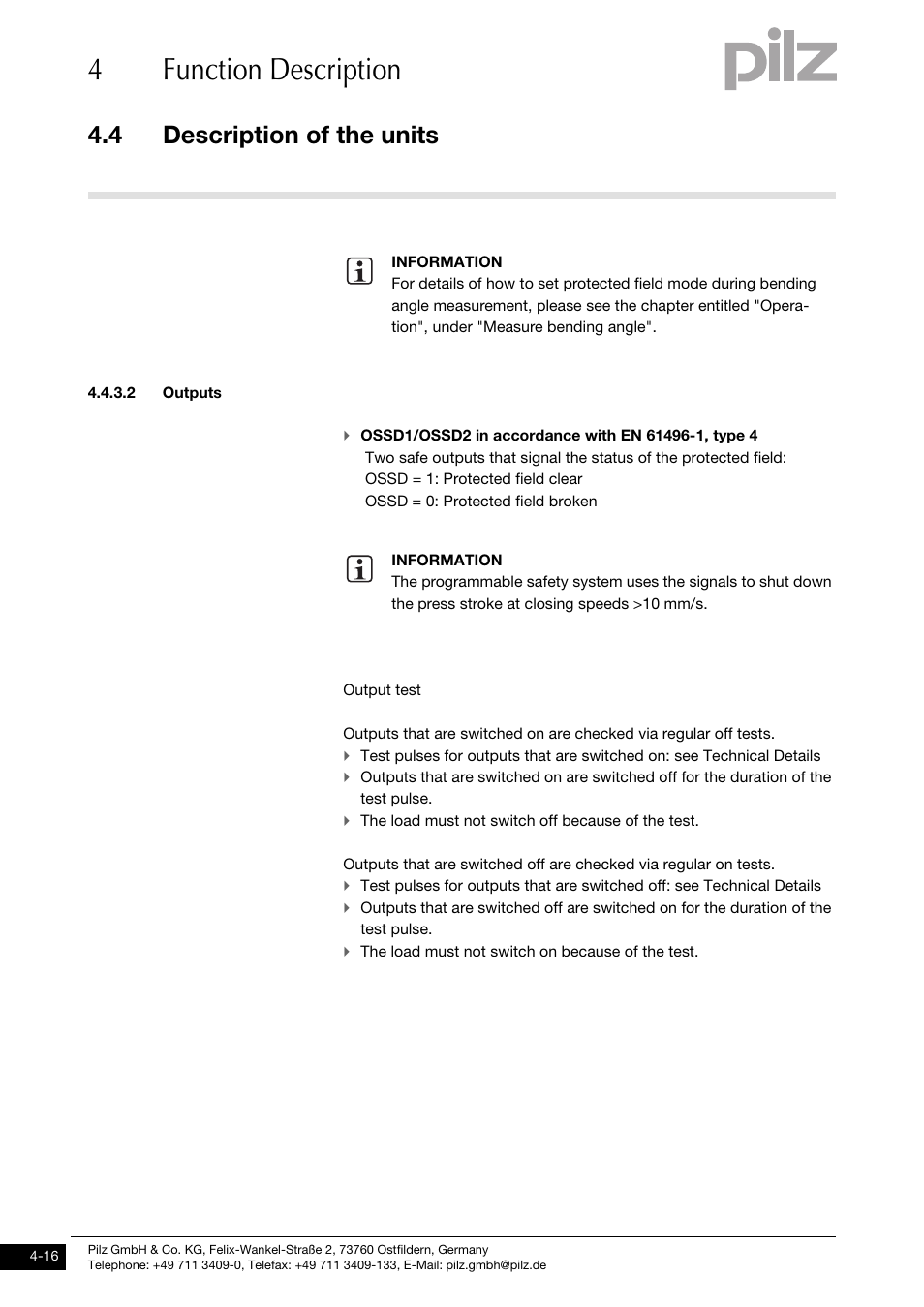 Outputs, 4function description, 4 description of the units | Pilz PSENvip RL D P User Manual | Page 44 / 157