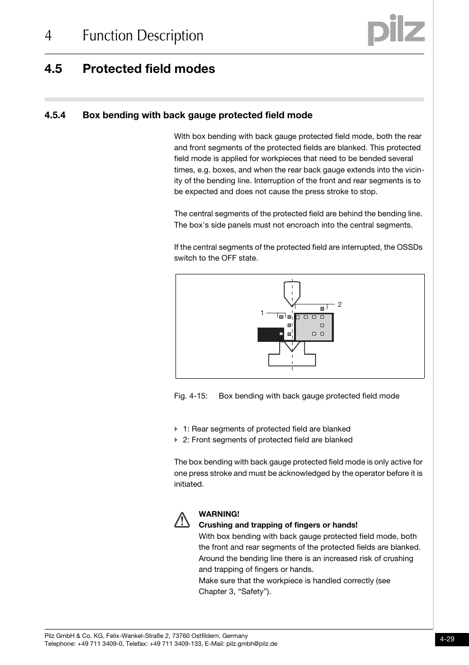 Box bending with back gauge protected field mode, 4function description, 5 protected field modes | 4 box bending with back gauge protected field mode | Pilz PSENvip RL D P User Manual | Page 57 / 157