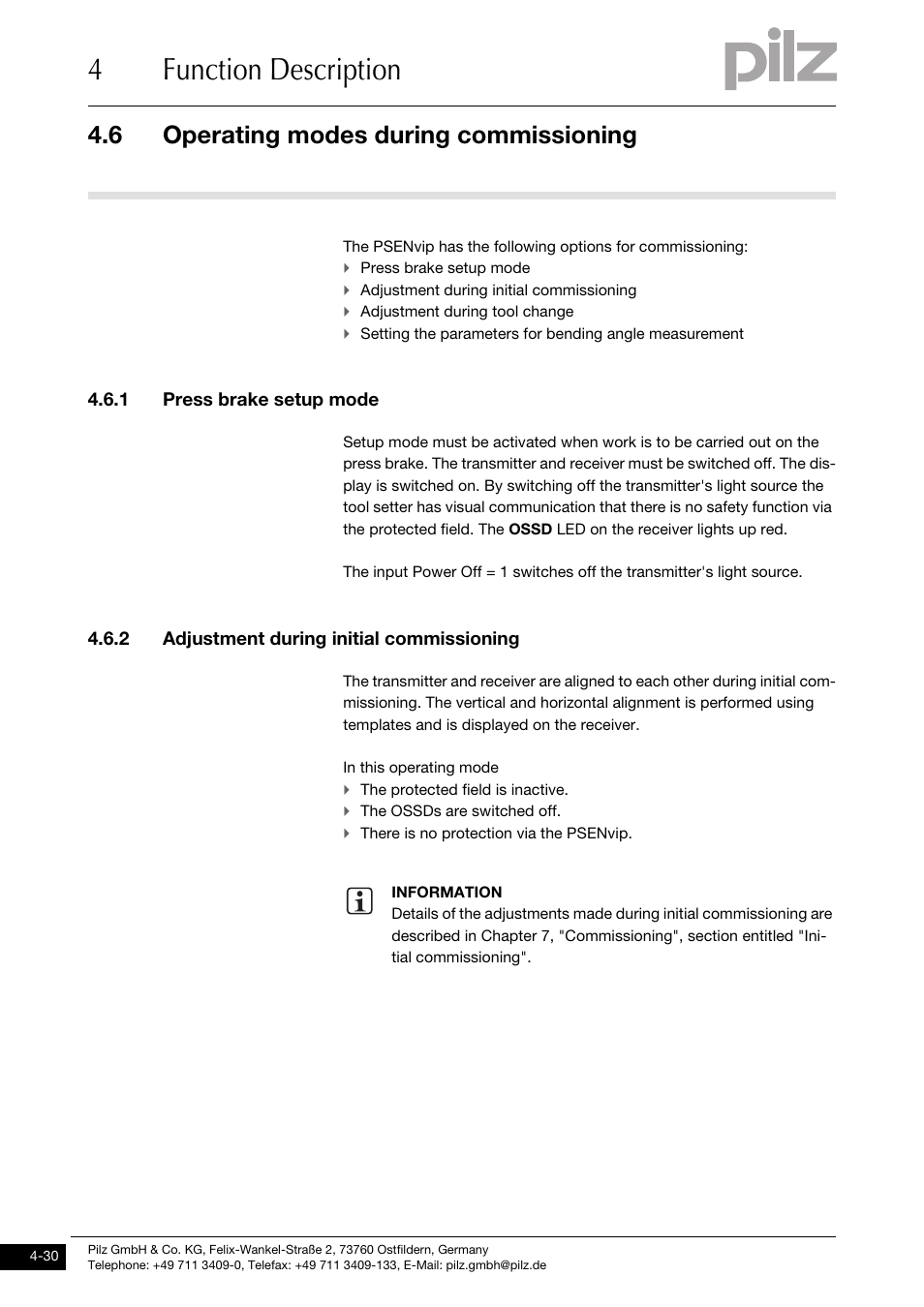 Operating modes during commissioning, Press brake setup mode, Adjustment during initial commissioning | 4function description, 6 operating modes during commissioning, 1 press brake setup mode, 2 adjustment during initial commissioning | Pilz PSENvip RL D P User Manual | Page 58 / 157