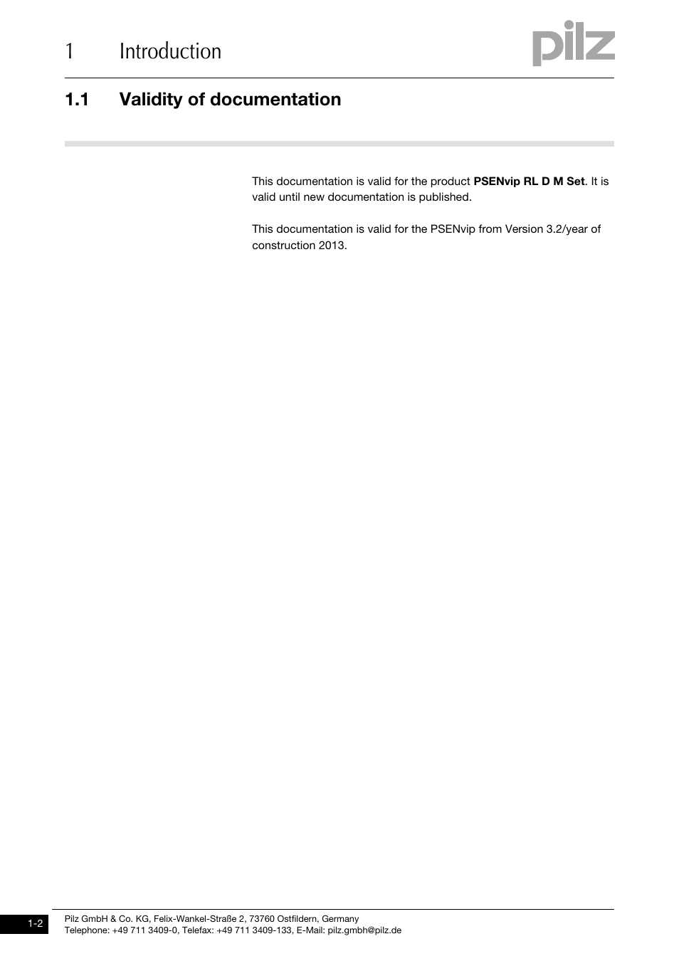 Validity of documentation, 1introduction, 1 validity of documentation | Pilz PSENvip RL D P User Manual | Page 8 / 157