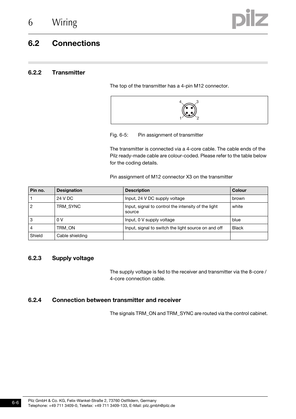 Transmitter, Supply voltage, Connection between transmitter and receiver | 6wiring, 2 connections, 2 transmitter, 3 supply voltage, 4 connection between transmitter and receiver | Pilz PSENvip RL D P User Manual | Page 82 / 157