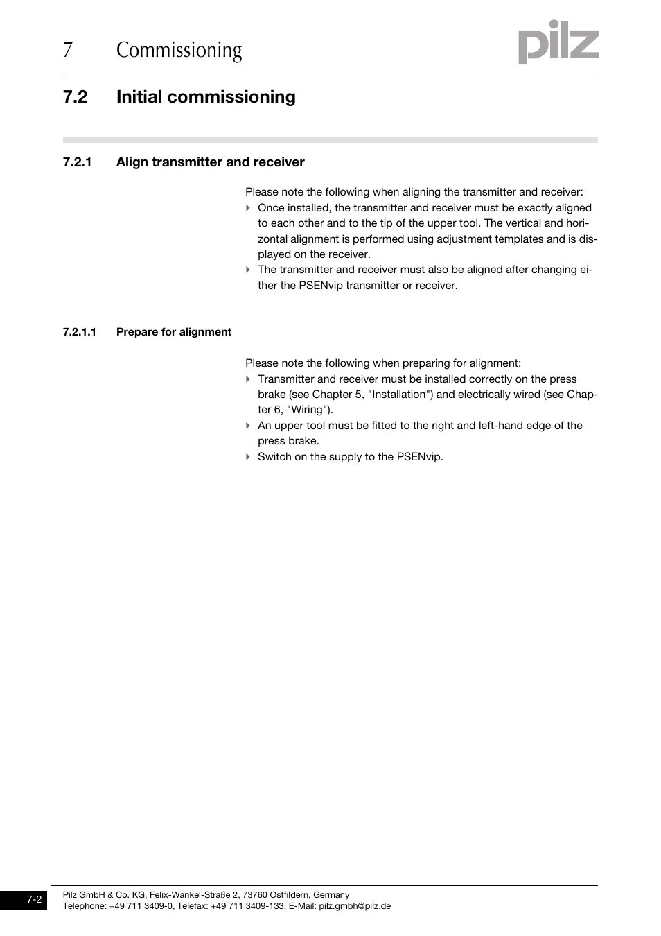 Initial commissioning, Align transmitter and receiver, Prepare for alignment | 7commissioning, 2 initial commissioning, 1 align transmitter and receiver | Pilz PSENvip RL D P User Manual | Page 86 / 157