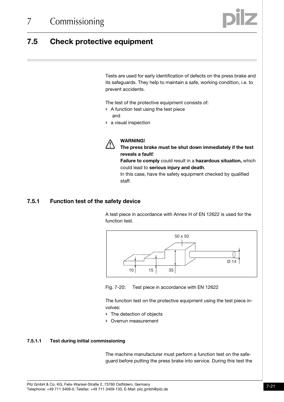 Check protective equipment, 1 function test of the safety device, 1 test during initial commissioning | 7commissioning, 5 check protective equipment | Pilz PSENvip RL D P User Manual | Page 102 / 148