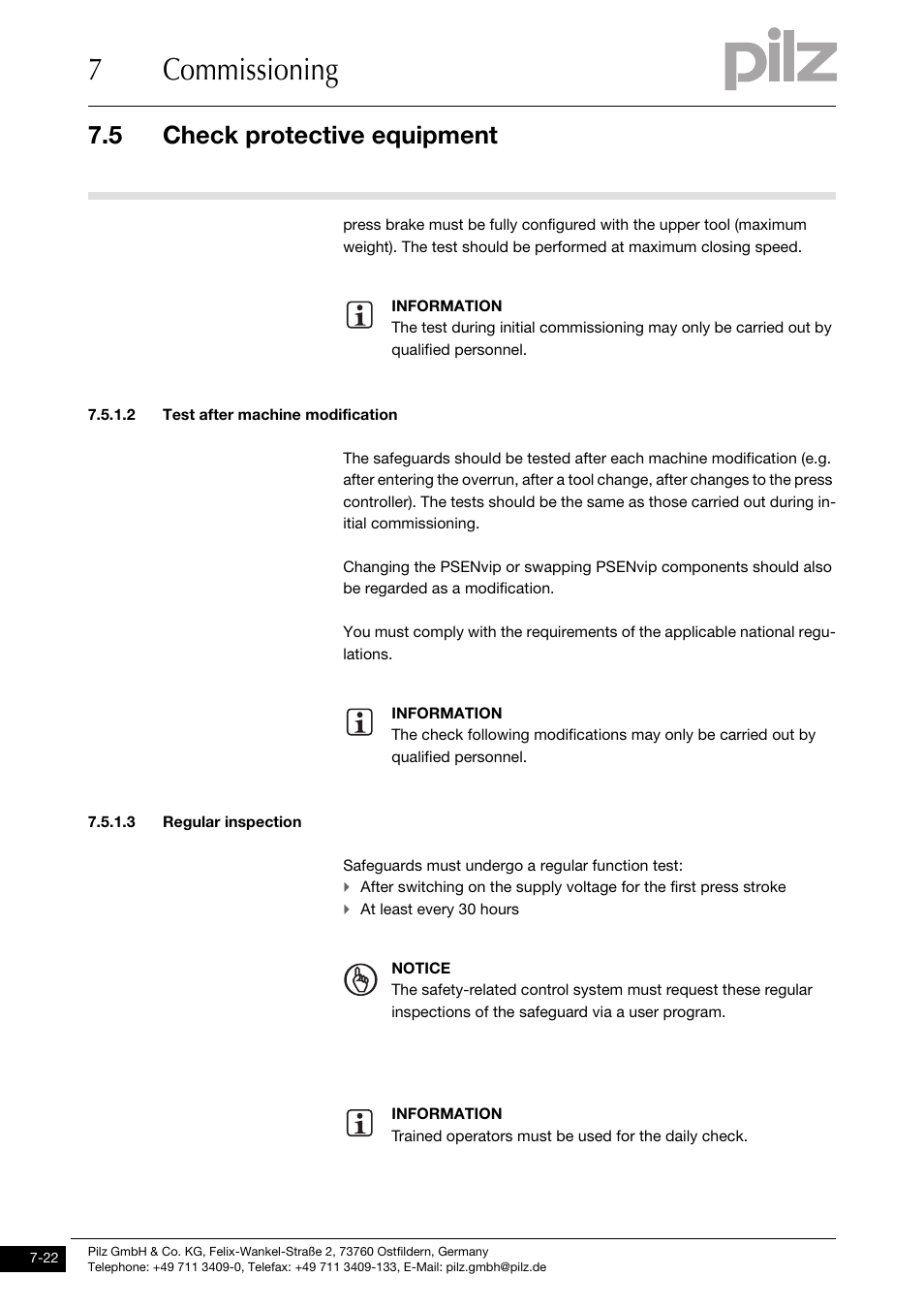2 test after machine modification, 3 regular inspection, 7commissioning | 5 check protective equipment | Pilz PSENvip RL D P User Manual | Page 103 / 148