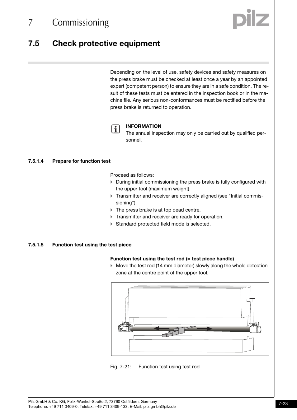 4 prepare for function test, 5 function test using the test piece, 7commissioning | 5 check protective equipment | Pilz PSENvip RL D P User Manual | Page 104 / 148