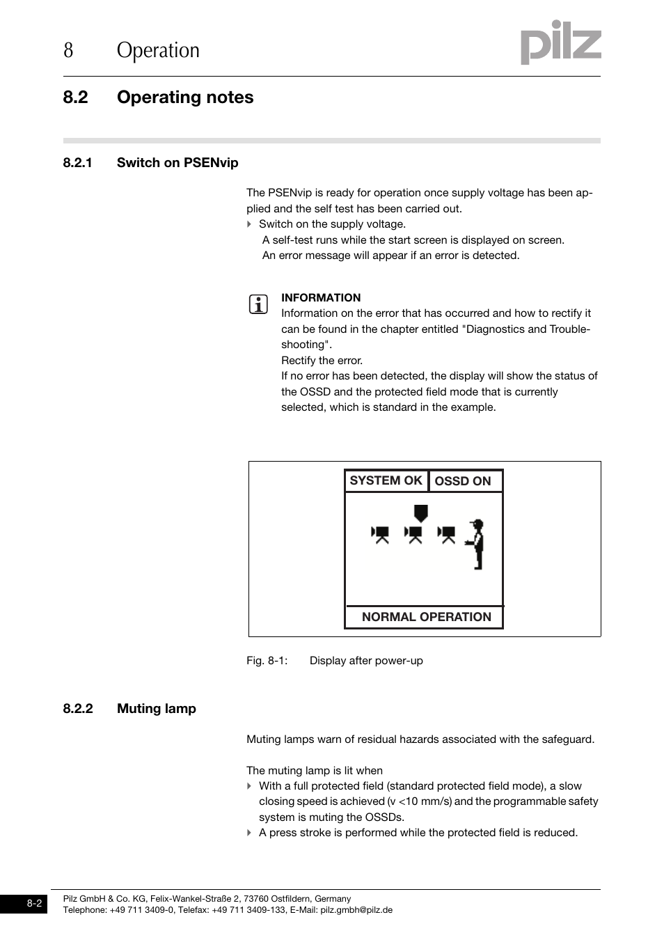 Operating notes, 1 switch on psenvip, 2 muting lamp | 8operation, System ok ossd on normal operation | Pilz PSENvip RL D P User Manual | Page 109 / 148