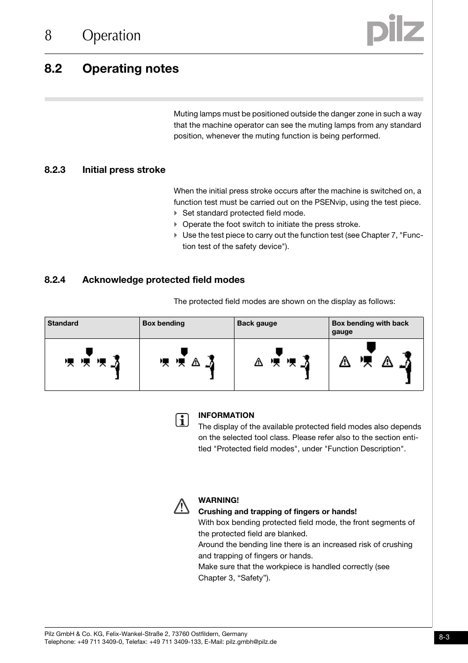 3 initial press stroke, 4 acknowledge protected field modes, 8operation | Pilz PSENvip RL D P User Manual | Page 110 / 148