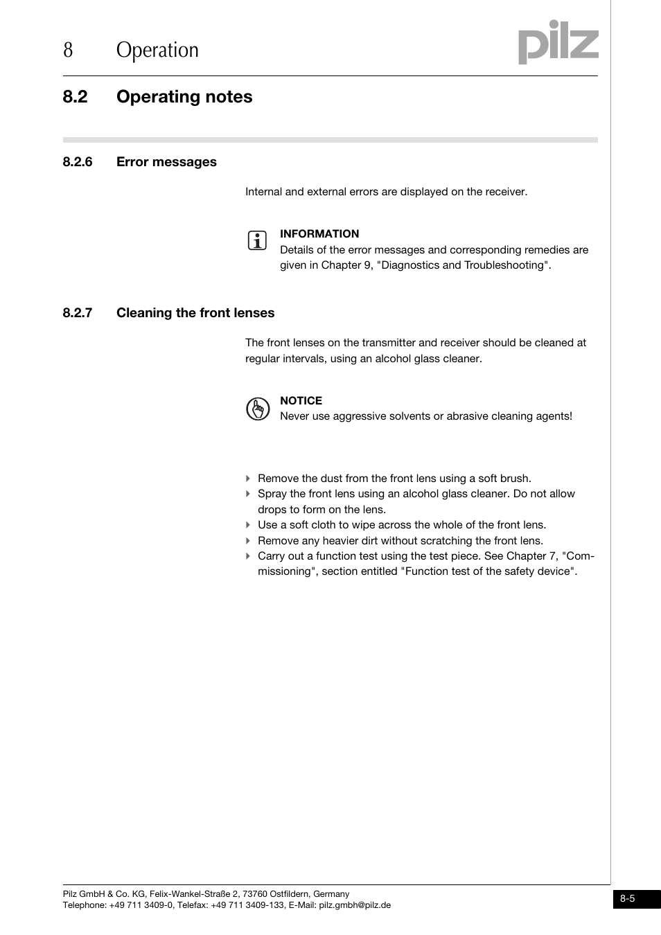 6 error messages, 7 cleaning the front lenses, 8operation | Pilz PSENvip RL D P User Manual | Page 112 / 148