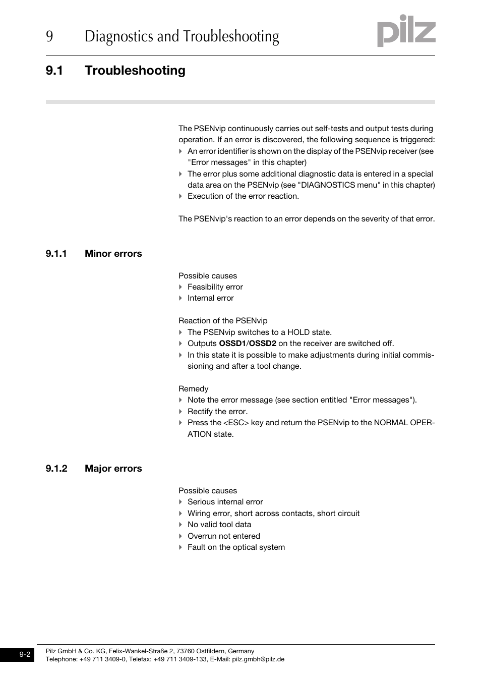 Troubleshooting, 1 minor errors, 2 major errors | 9diagnostics and troubleshooting, 1 troubleshooting | Pilz PSENvip RL D P User Manual | Page 115 / 148