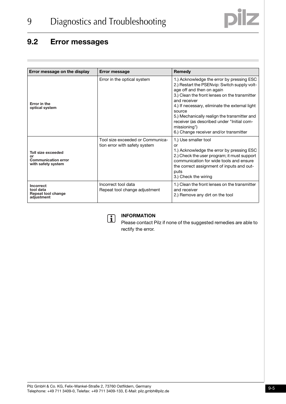 9diagnostics and troubleshooting, 2 error messages | Pilz PSENvip RL D P User Manual | Page 118 / 148