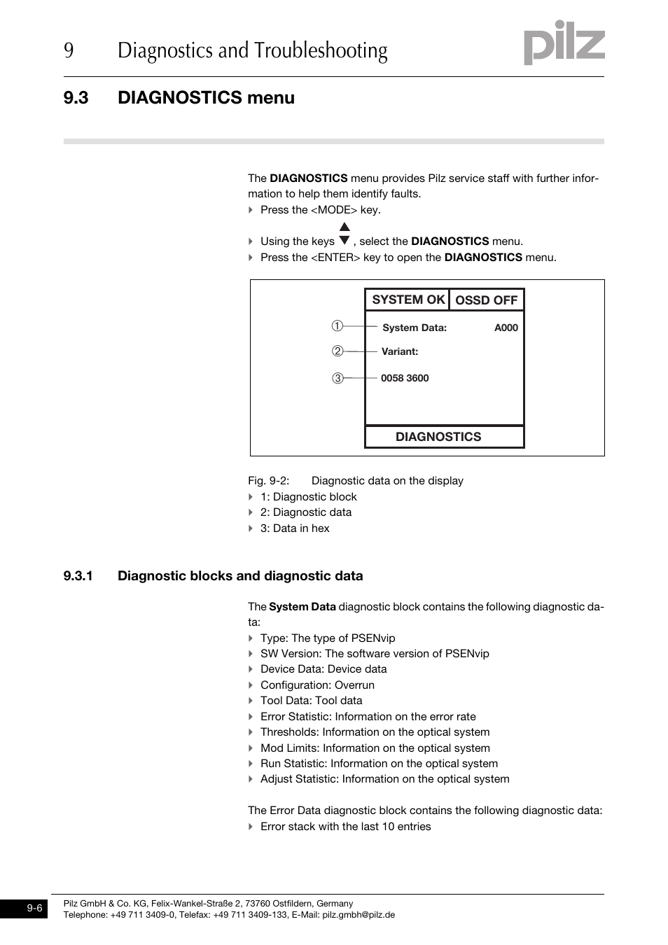 Diagnostics menu, 1 diagnostic blocks and diagnostic data, 9diagnostics and troubleshooting | 3 diagnostics menu, Ав б | Pilz PSENvip RL D P User Manual | Page 119 / 148