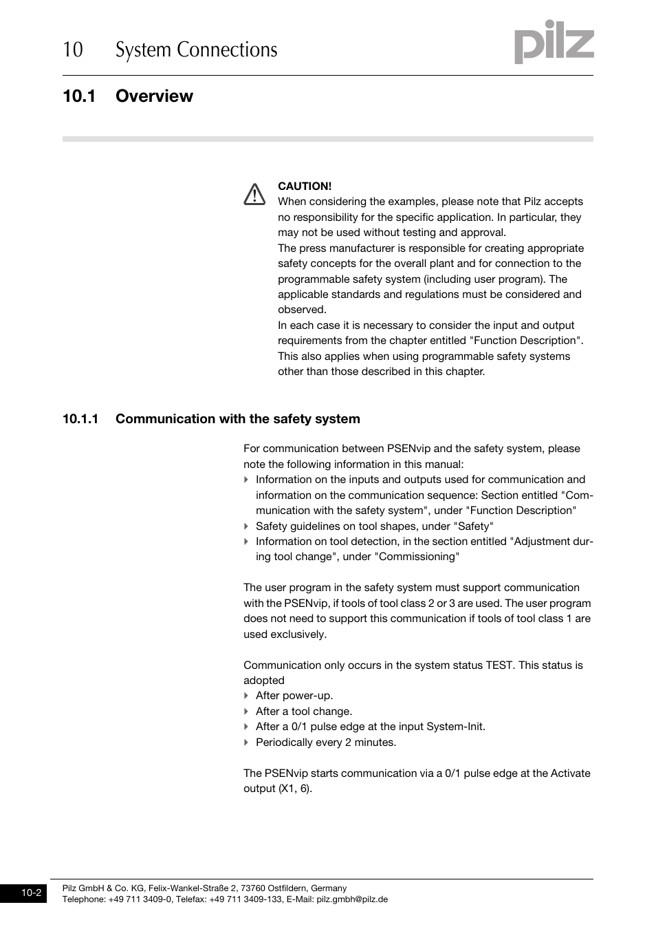 1 communication with the safety system, 10 system connections, 1 overview | Pilz PSENvip RL D P User Manual | Page 123 / 148