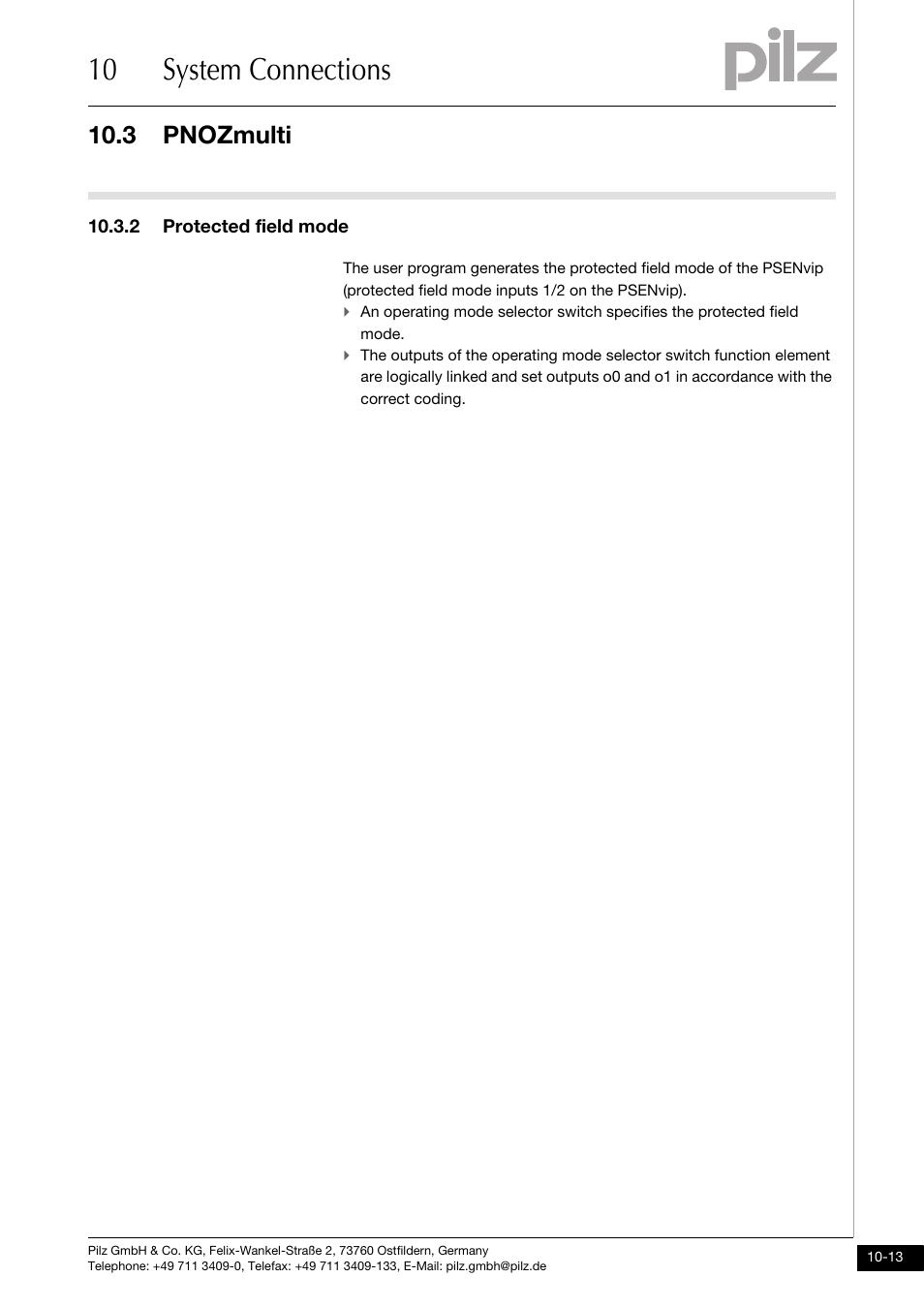 2 protected field mode, 10 system connections, 3 pnozmulti | Pilz PSENvip RL D P User Manual | Page 134 / 148