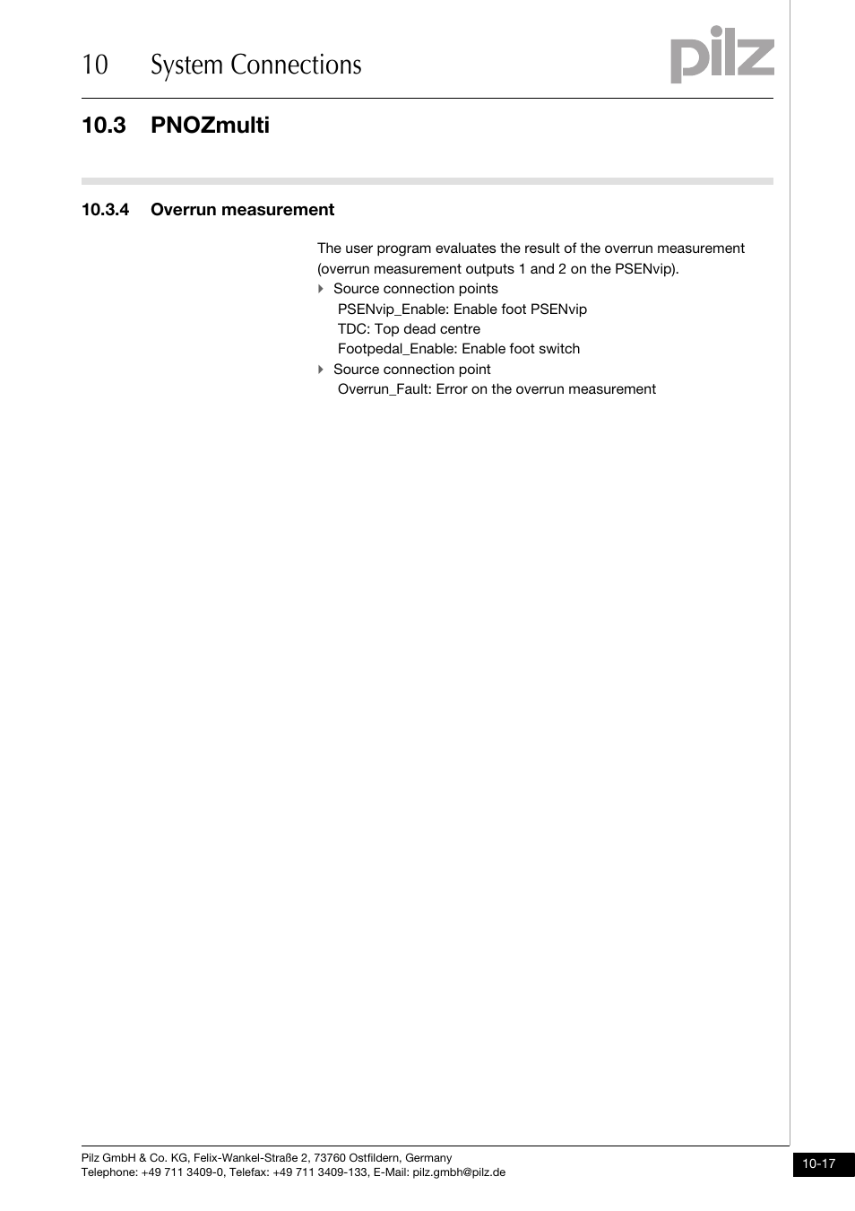 4 overrun measurement, 10 system connections, 3 pnozmulti | Pilz PSENvip RL D P User Manual | Page 138 / 148