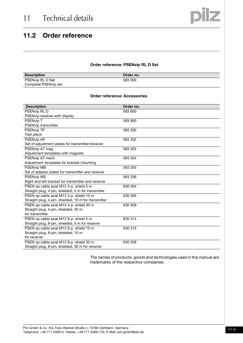 Order reference, 11 technical details, 2 order reference | Pilz PSENvip RL D P User Manual | Page 142 / 148