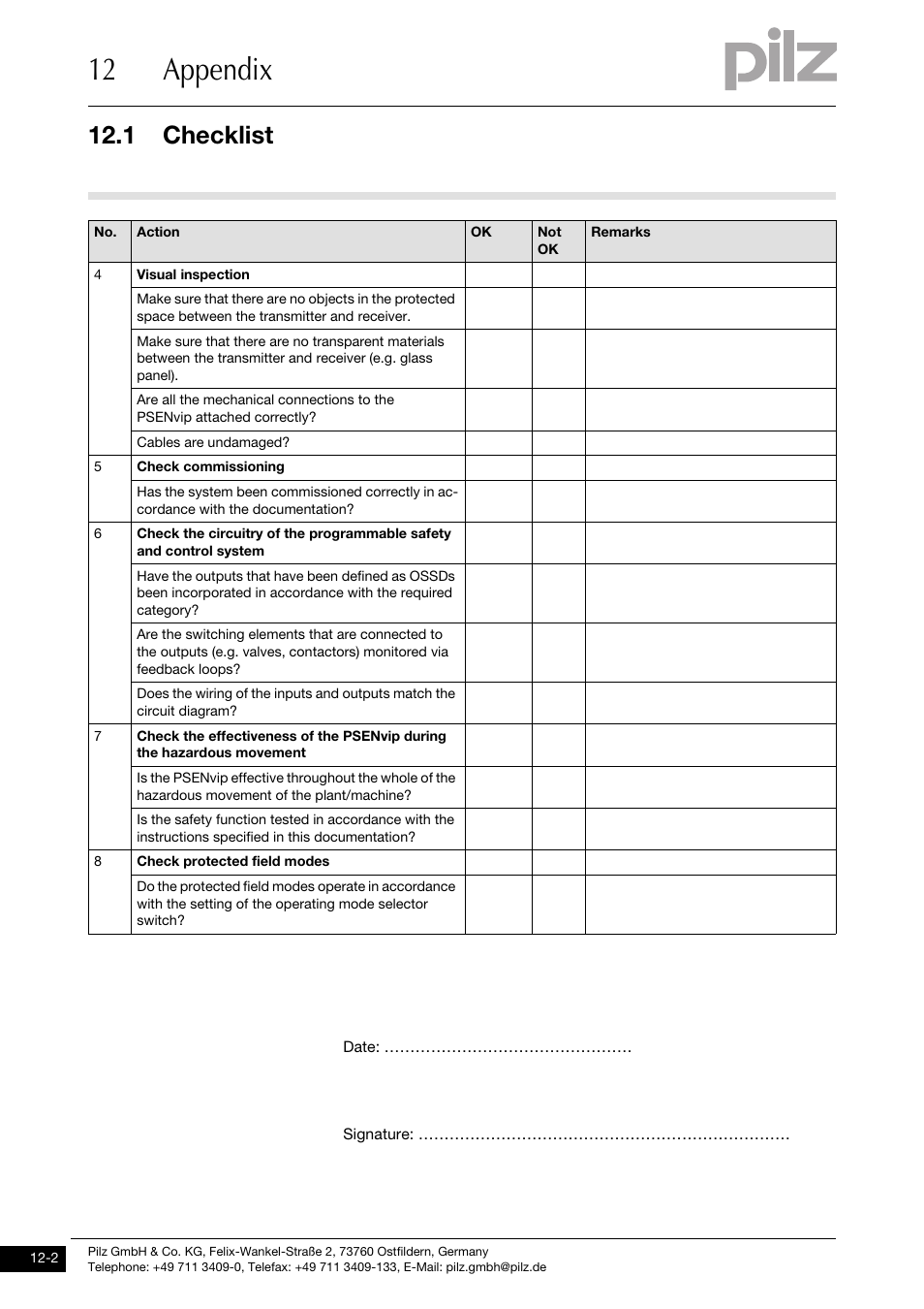 12 appendix, 1 checklist | Pilz PSENvip RL D P User Manual | Page 145 / 148