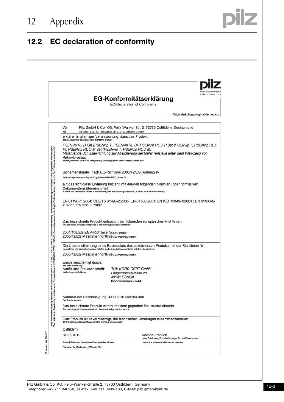 Ec declaration of conformity, 12 appendix, 2 ec declaration of conformity | Pilz PSENvip RL D P User Manual | Page 146 / 148