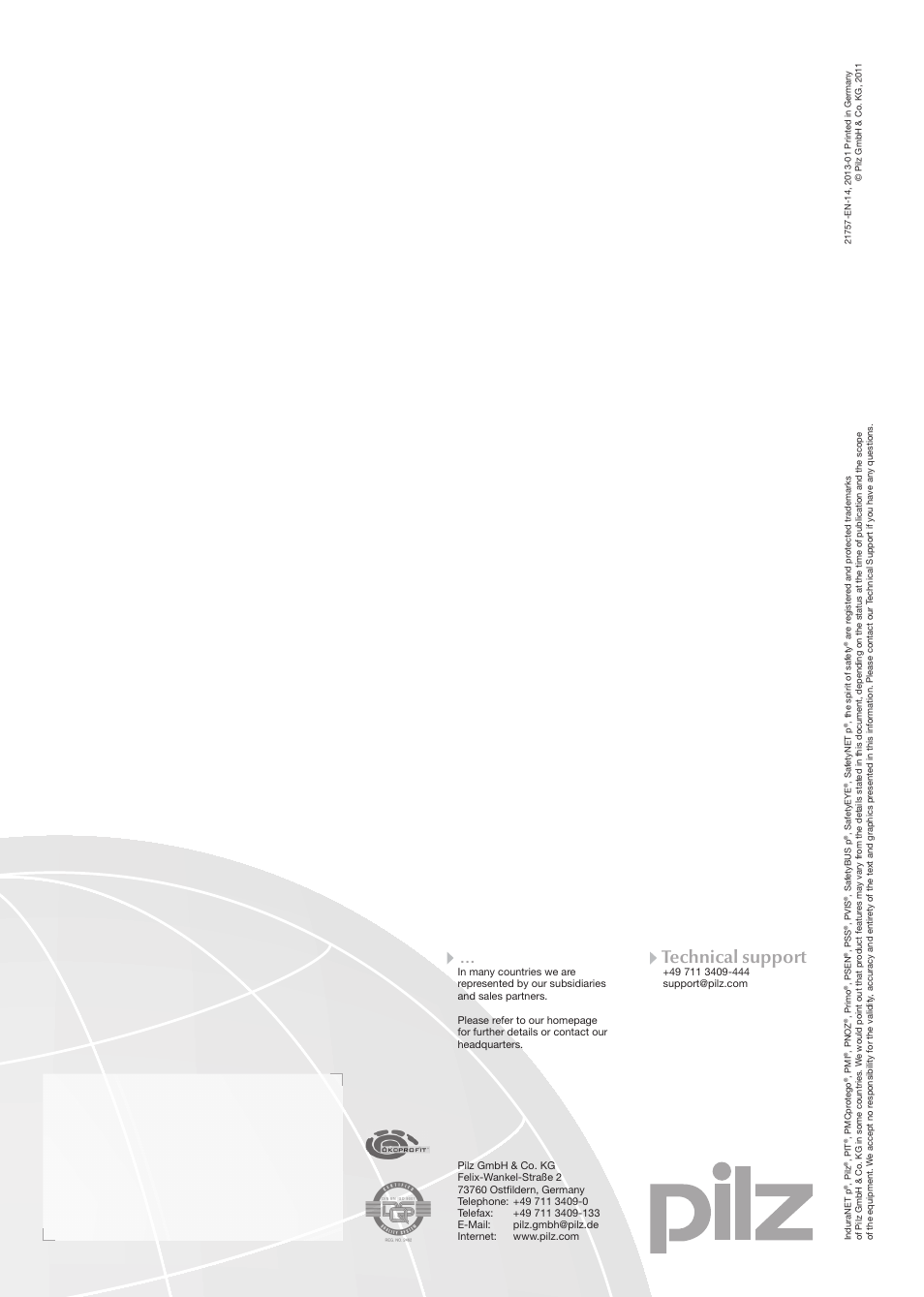 Contact address, Technical support | Pilz PSENvip RL D P User Manual | Page 148 / 148