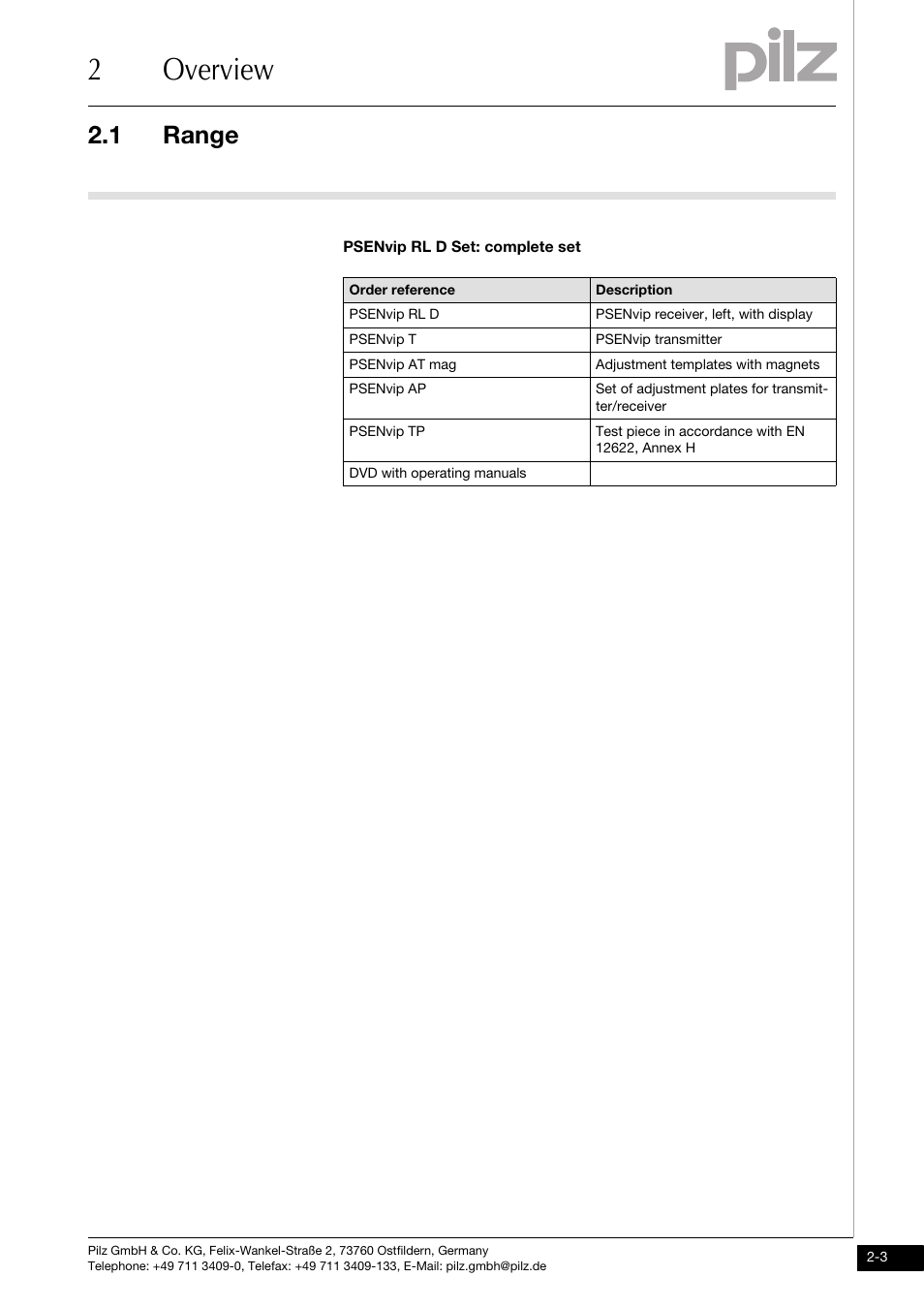 Range, 2overview, 1 range | Pilz PSENvip RL D P User Manual | Page 15 / 148