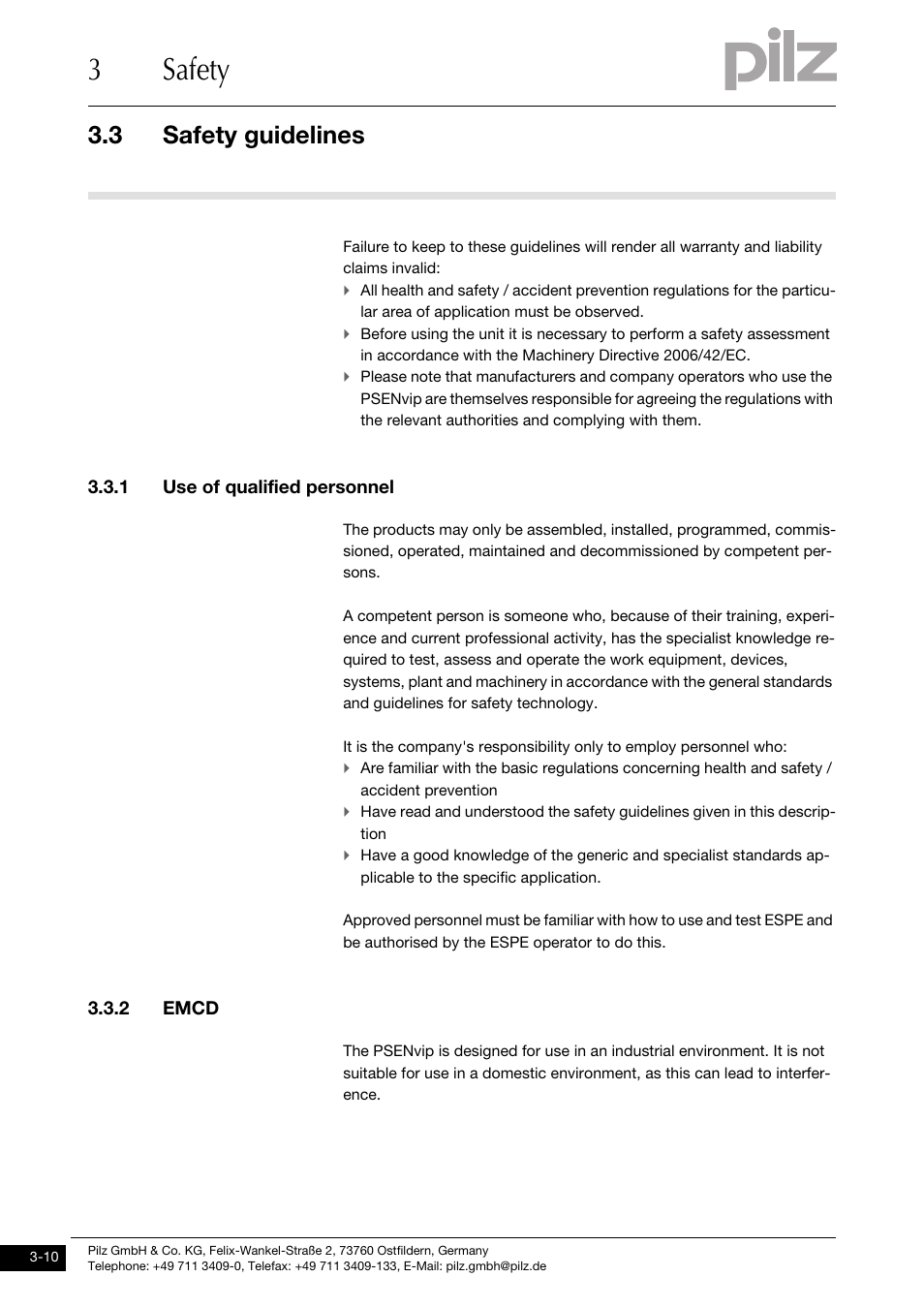 Safety guidelines, 1 use of qualified personnel, 2 emcd | 3safety, 3 safety guidelines | Pilz PSENvip RL D P User Manual | Page 26 / 148