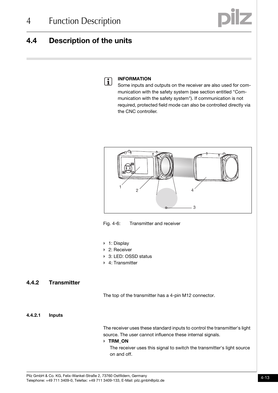 2 transmitter, 1 inputs, 4function description | 4 description of the units | Pilz PSENvip RL D P User Manual | Page 40 / 148