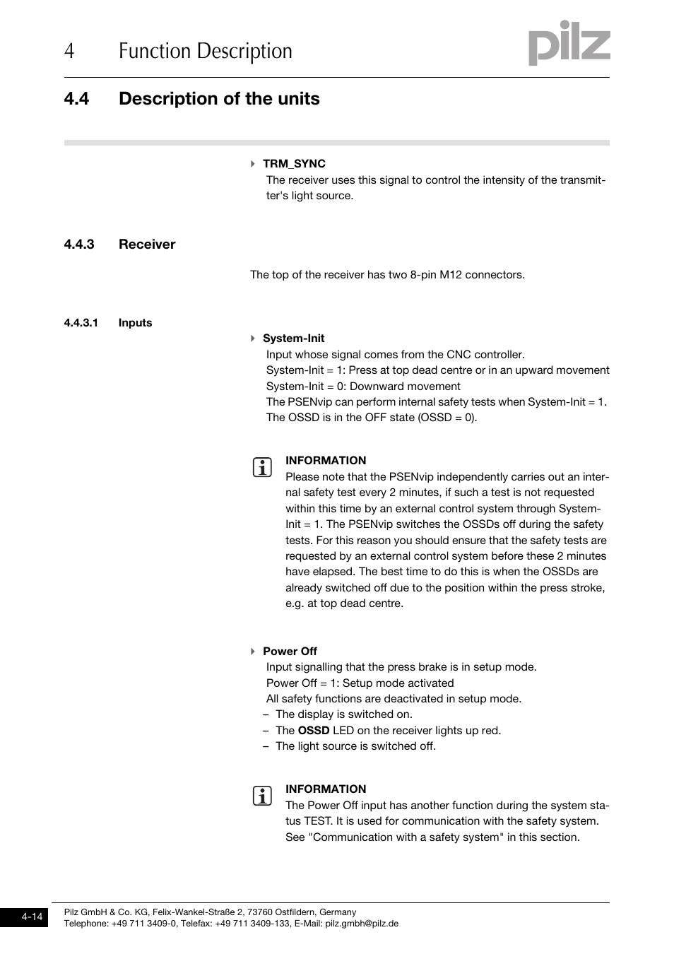 3 receiver, 1 inputs, 4function description | 4 description of the units | Pilz PSENvip RL D P User Manual | Page 41 / 148