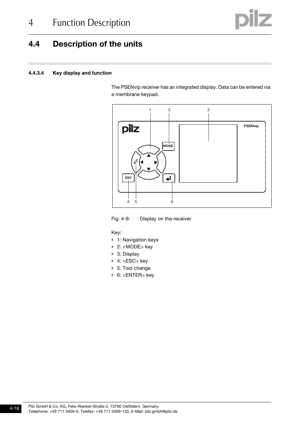 4 key display and function, 4function description, 4 description of the units | Pilz PSENvip RL D P User Manual | Page 45 / 148