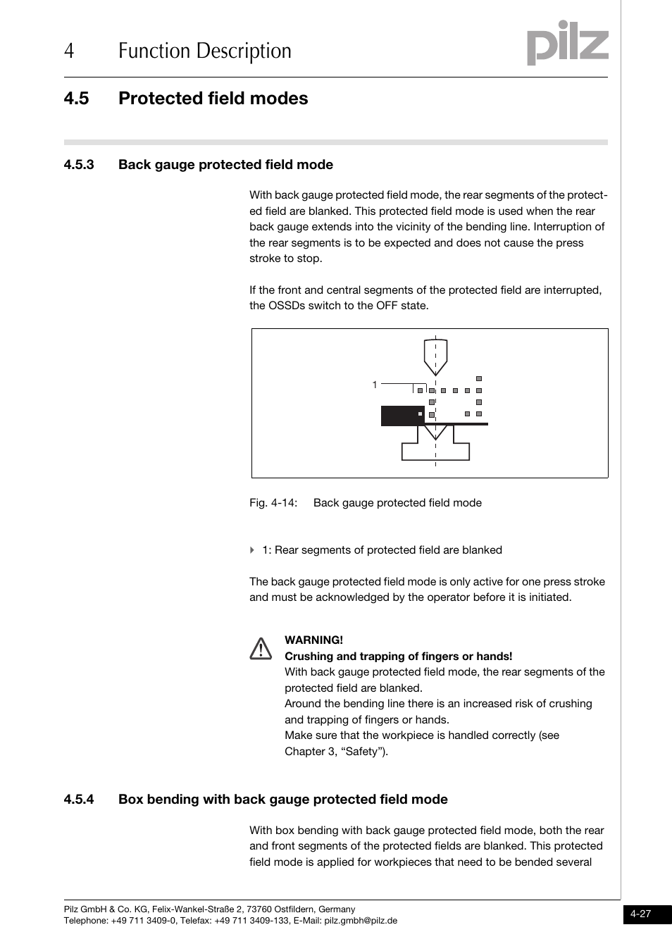 3 back gauge protected field mode, 4 box bending with back gauge protected field mode, 4function description | 5 protected field modes | Pilz PSENvip RL D P User Manual | Page 54 / 148