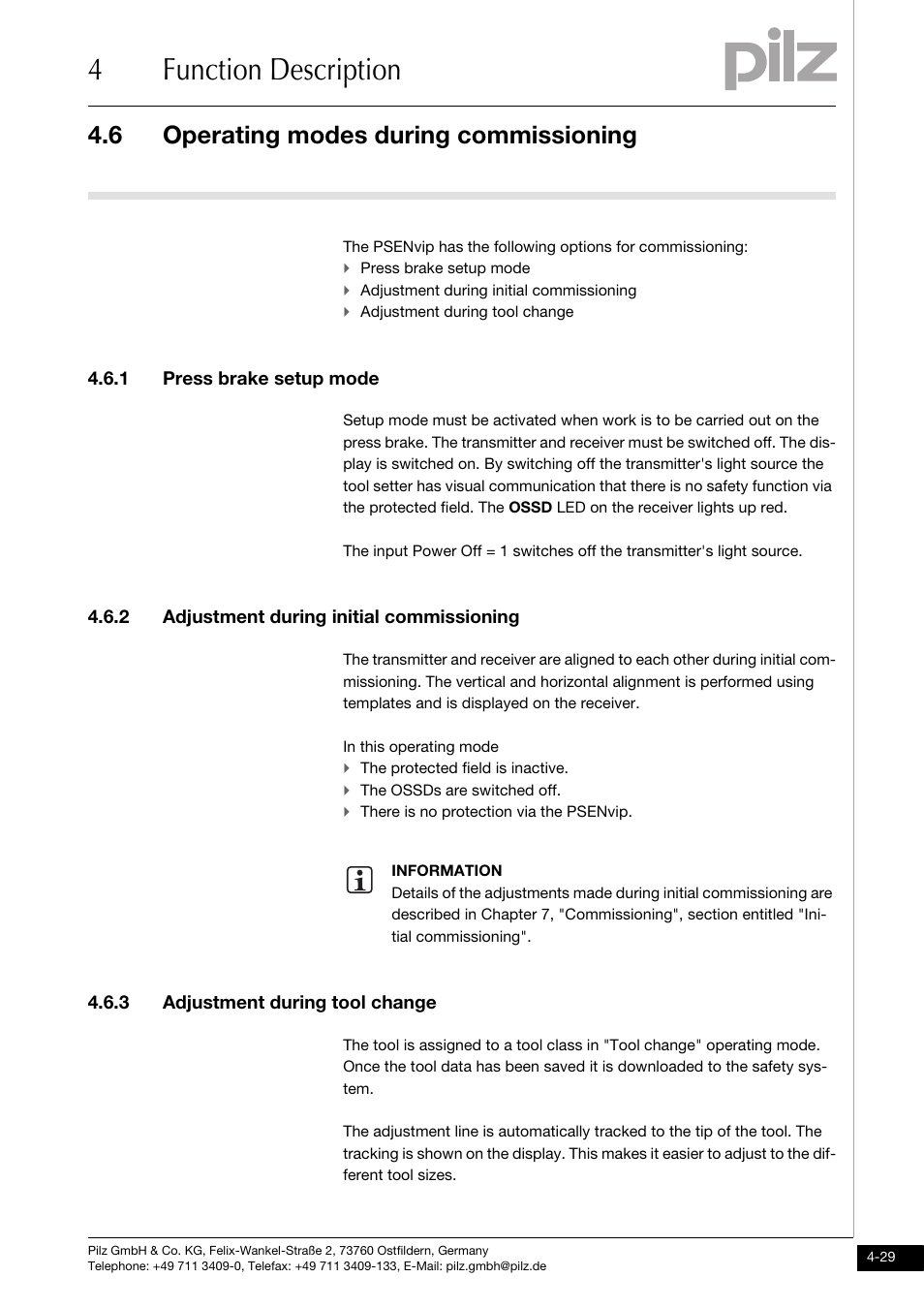 Operating modes during commissioning, 1 press brake setup mode, 2 adjustment during initial commissioning | 3 adjustment during tool change, 4function description, 6 operating modes during commissioning | Pilz PSENvip RL D P User Manual | Page 56 / 148